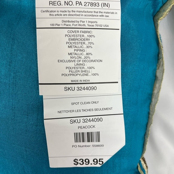 Pier 1 Embroidered Peacock Beaded Lumbar Accent Throw Pillow Teal Gold Bronze - Picture 9 of 12